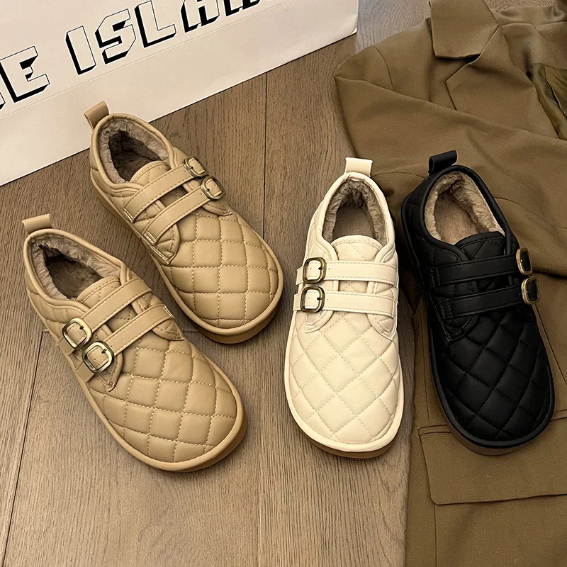 

Повседневные женские дизайнерские мягкие лоферы с мехом без застежек, новинка, Мокасины, зимний ПУ однотонный ремешок с пряжкой, плюшевые, для отдыха, из ПВХ