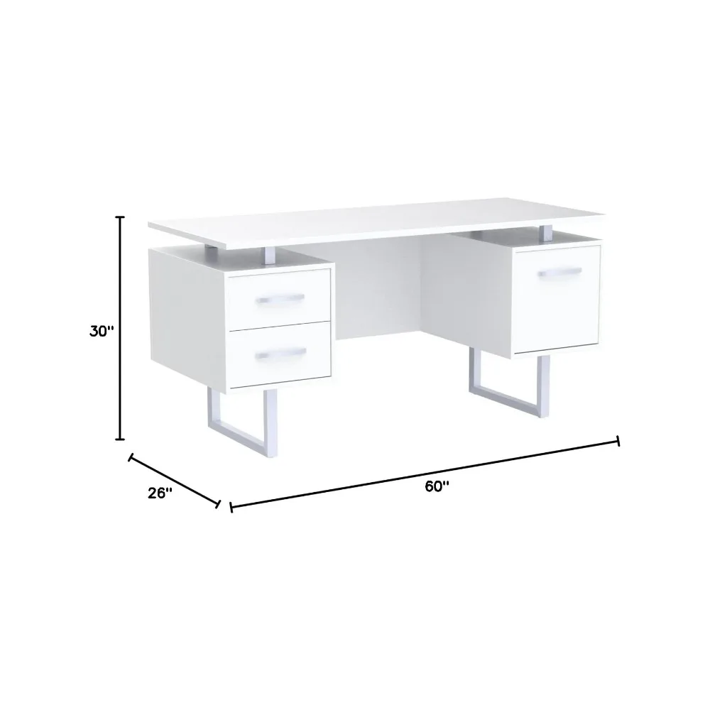 60" White Study Writing Home Office Wall Mounted Laptop Computer Floating Desk Top and Storage Drawers and Metal Stands 2