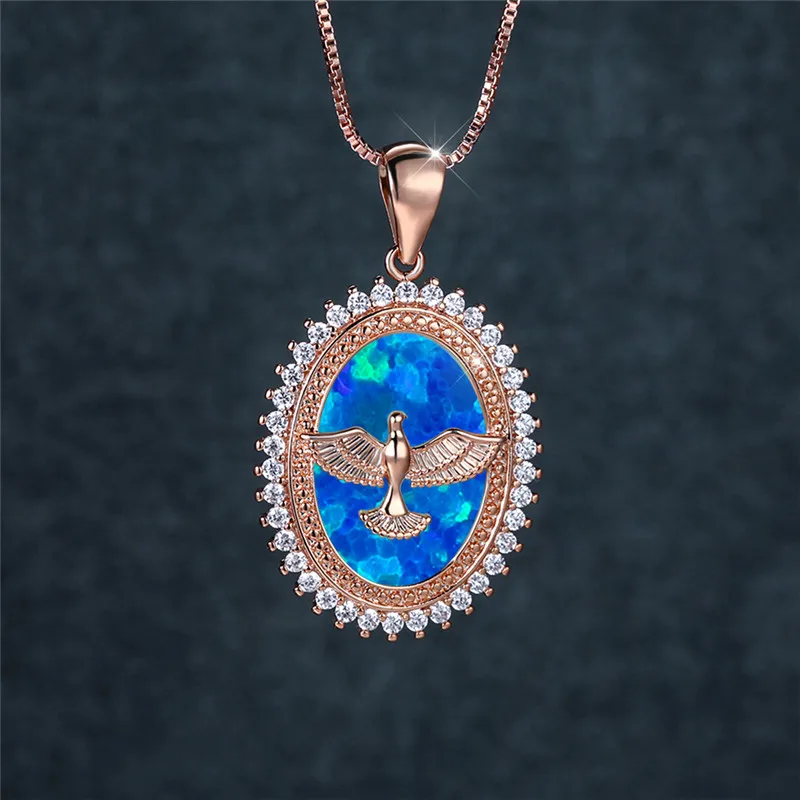 Cute Dove of Peace Pendant Necklace Blue White Opal Oval Stone Necklace Rose Gold Silver Color Chain Necklaces For Women Jewelry