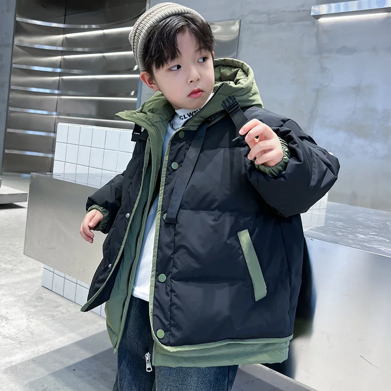Winter Warm Boys Contrast Patchwork Cotton Lined Hooded Zip Jackets School Kids Thick Coats Children Outfits Windbreaker 5-16 Yr
