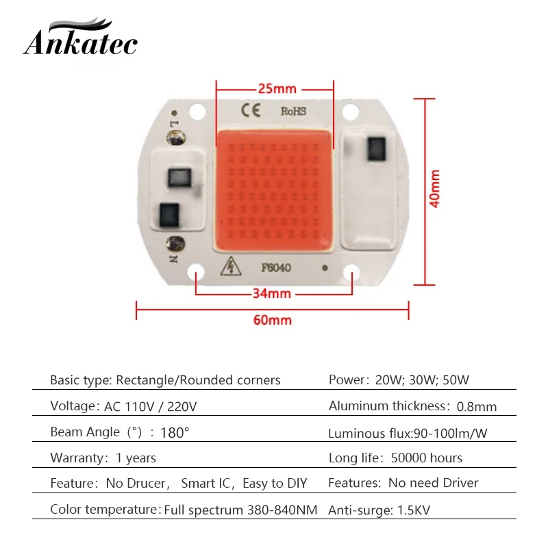 LED Grow Light 20W 30W 50W COB Integrated Chip AC 110V 220V Drive Free Full Spectrum Pink Lamp Beads for Greenhouse