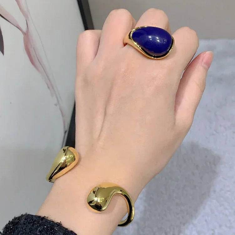 

Fashion Designer Brand Brass Plated 24K Gold Blue Top Quality Ring Women Luxury Jewelry Trend
