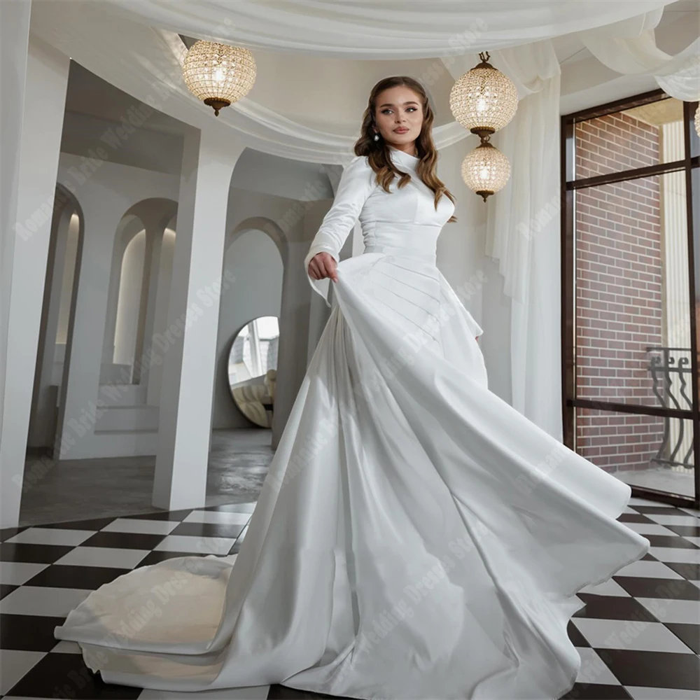 Bohemia High-Neck Wedding Dresses For Women Long Sleeves Satin Bridal Mopping Length Banquet Vestidos De Noivas 2025 Customized 2