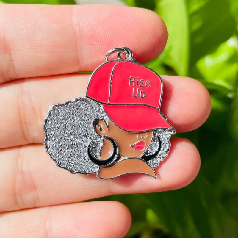 5pcs Enamel Micro Pave Rise Up Black Girl Charms for Women Bracelet Necklace Making Afro Girl Sports Pendant Jewelry Supply