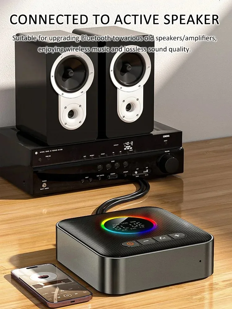 RGB Light Bluetooth 5.4 Audio Receiver Transmitter DSP Wireless Adapter FM USB 3.5MM AUX RCA Stereo HIFI Music Adapter With Mic
