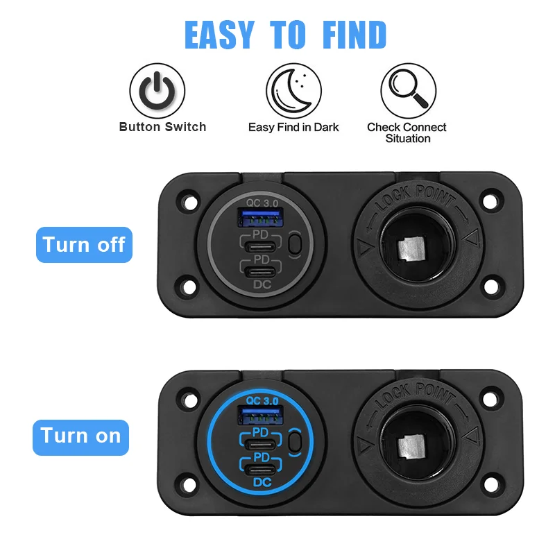 12V USB-Buchse Panel Quick Charge 3.0 20W Dual PD USB C Steckdose Zigarettenanzünder-Adapter für Auto Boot RV Motorrad – Detail 3