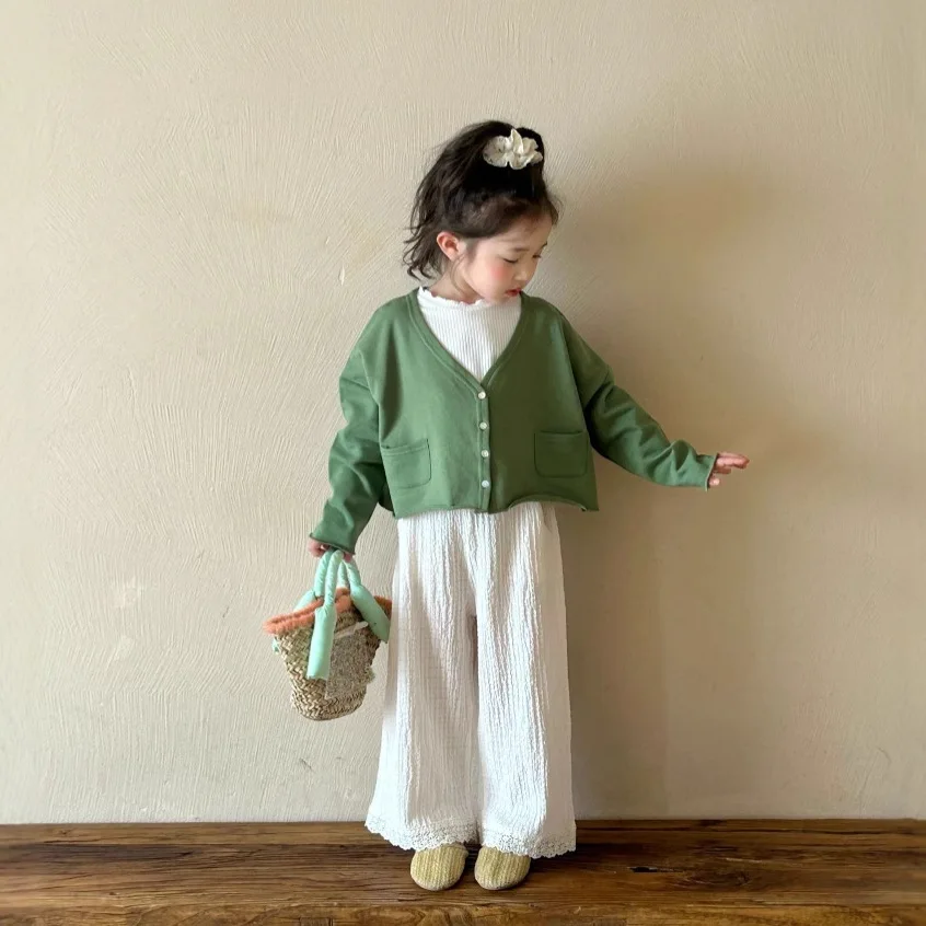 2025 가을 신상품: 아동복 얇은 가디건  털이 있는 단색 재킷 세트 (2피스 이너 포함)