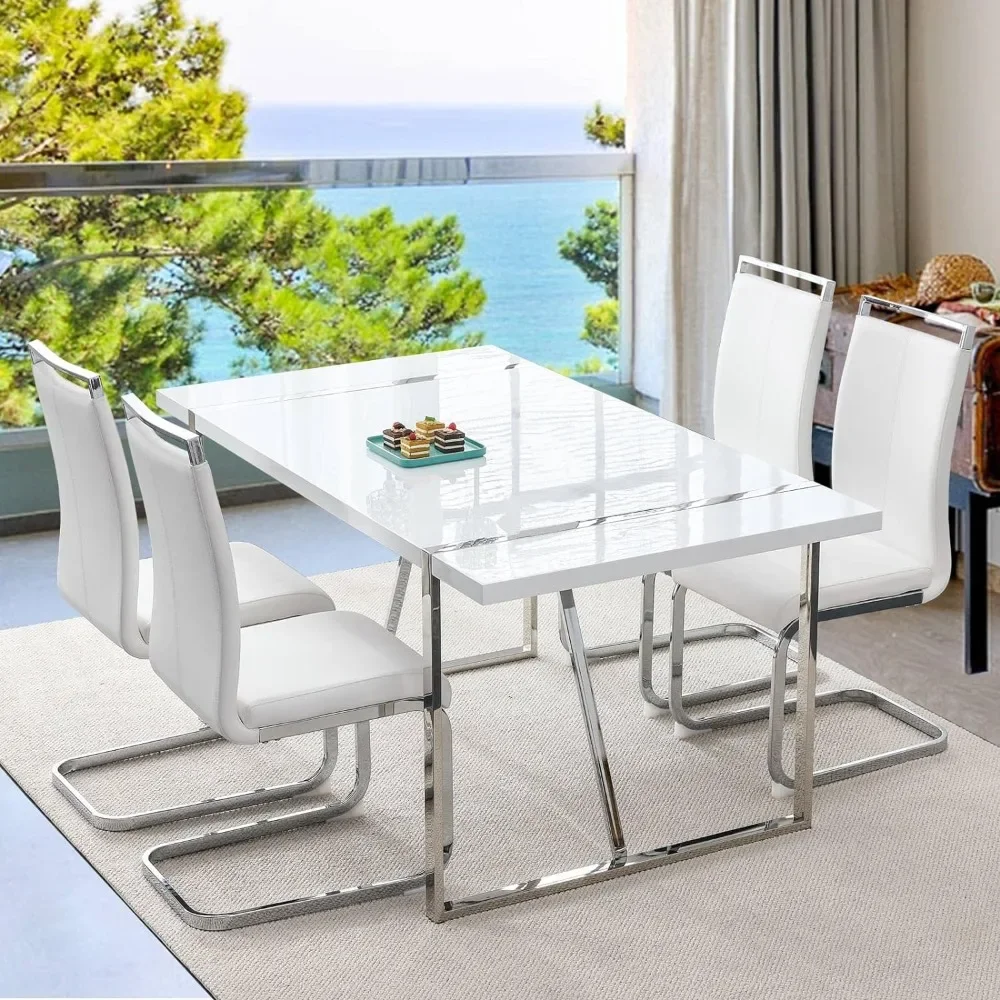 4 metal frame chairs+1 white rectangular dining table set, size 55 x 55 x 29.2, strong load-bearing capacity, free shipping