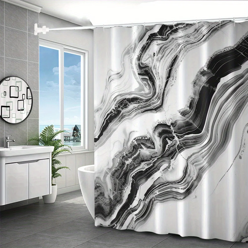 4pcs Black and White Texture Digital Print Polyester Waterproof Shower Curtain Set without Punching for Bathroom Separation 2