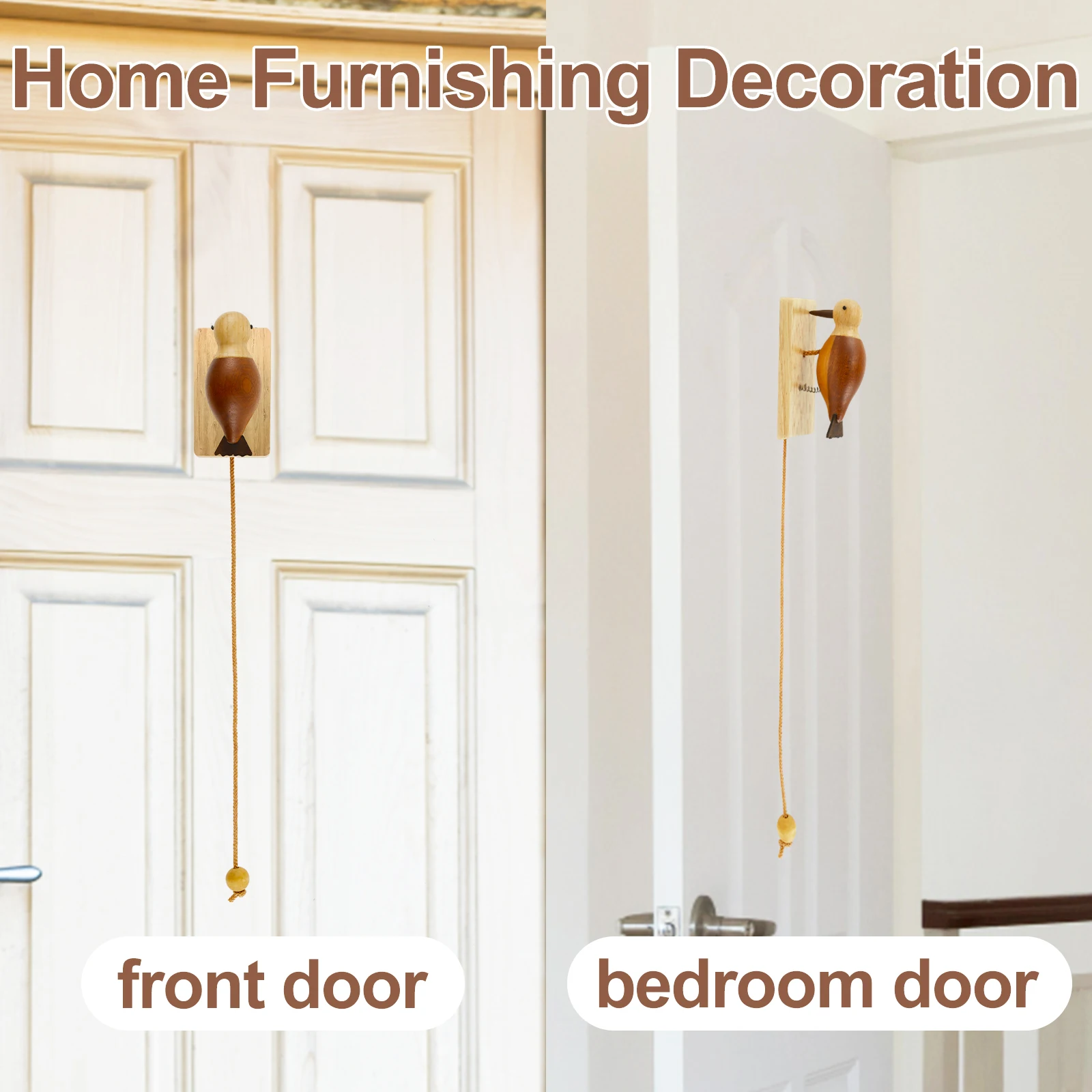Creative Woodpecker Wooden Retro Door Knocker Pendant Doorbell with Pull Rope Wood Woodpecker Doorbell Antique Door Knocker