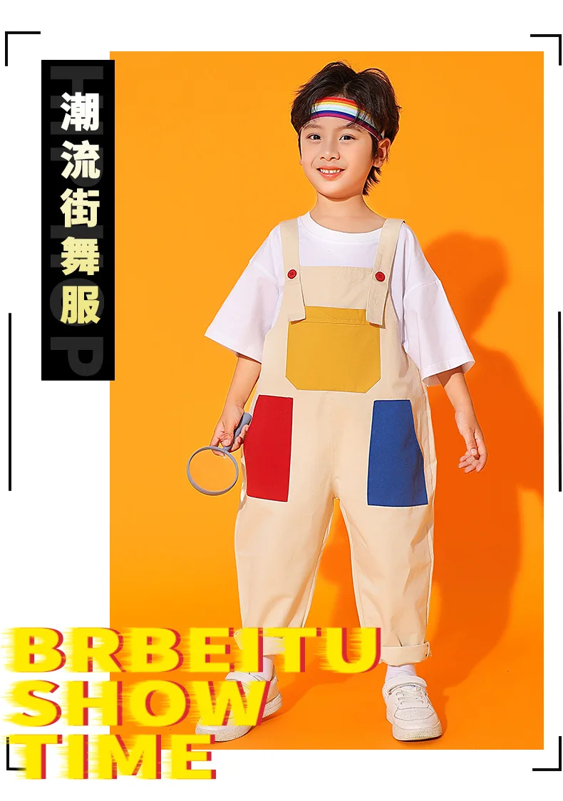 Boys Hip Hop Colored T-shirt Loose Contrast Overalls Girls Patchwork Dungaree Child Jumpsuit Street Dance Romper Kids Streetwear