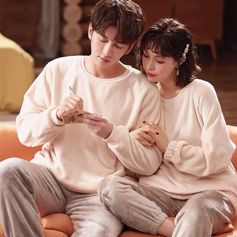 

Autumn Long Sleeves Couple Pajamas Set Plush Pyjamas Pnats Home Suit Solid Color Lovers Sleepwear Comfortable Two-piece Pajamas