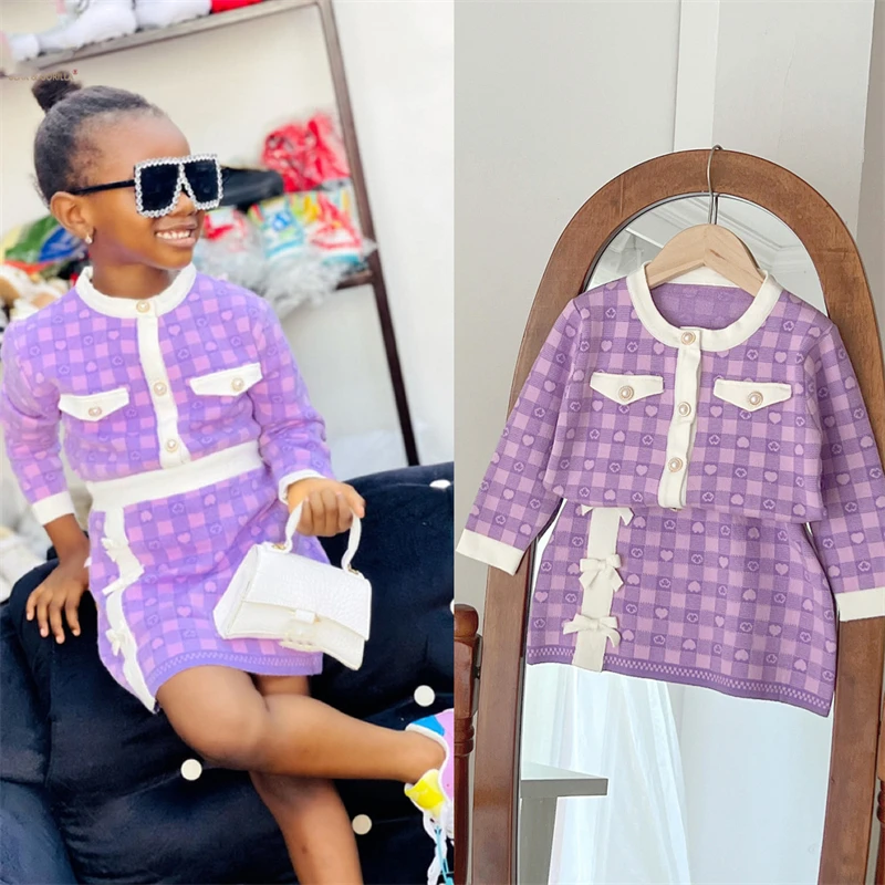 

Girls Long Sleeve Sweaters Set Autumn Winter Kids Plaid Love Knitted Cardigan+Skirt 2-Piece Suit Baby Girl Clothing Sets Outfit