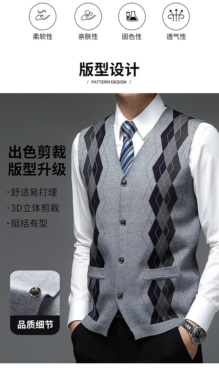 Description Picture 4 of itemMen Wool Sweater Coats Vest Multicolor Plaid 2024 Autumn Winter New Knitted Man Single Breasted Sleeveless Sweater Cardigan