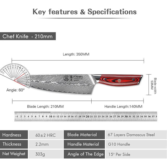 F.YOUNG 8.2 "Coltelli da chef professionali Coltello da cucina in acciaio di Damasco Carne affilata Verdura Mannaia per carne in stile giapponese Coltello Gyuto 6