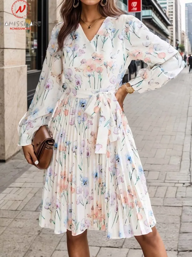 

Fashion Women Flower Print Pleated Dress Patchwork Design Bandage Decor V-Neck Mid Waist Long Sleeve Slim A-Line Dress