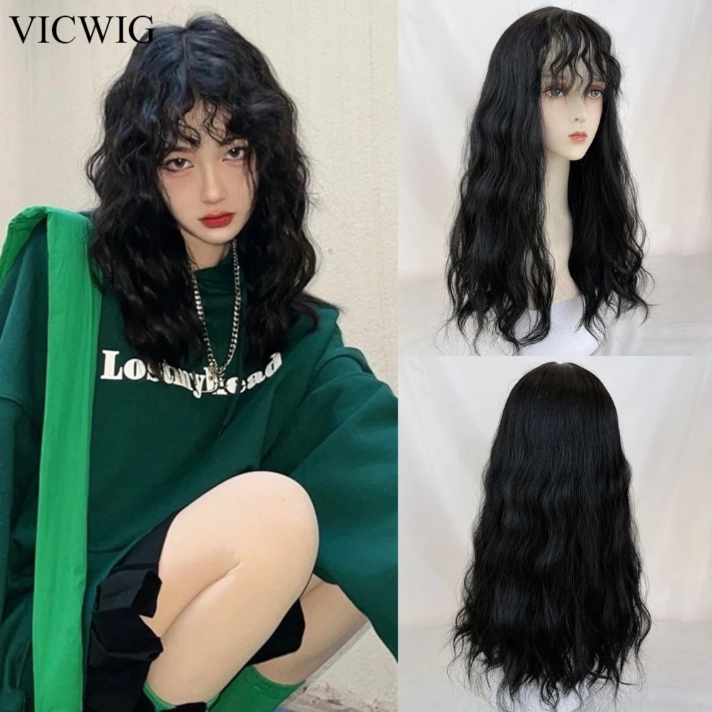 

VICWIG Black Curly Long Wigs with Bangs Synthetic Lolita Cosplay Women Natural Heat Resistant Hair Wig for Daily Party