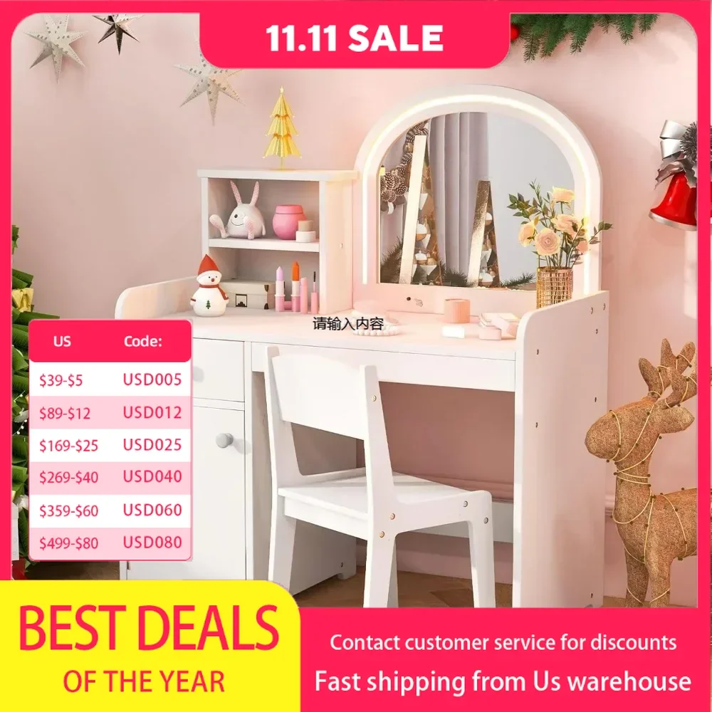 Kids Vanity, Princess Makeup Desk and Chair Set with Lights Mirror Drawer Storage Shelves, Vanity Set for Toddler Girls