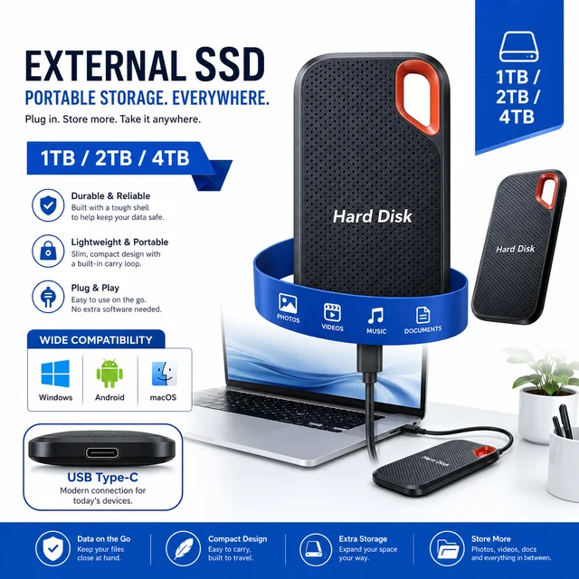 Mini Portable External Hard Drive 1TB SSD USB3.1 Type-C 4TB Backup Drive for Laptop Mac Phone Photo Video Storage Use Daily 1