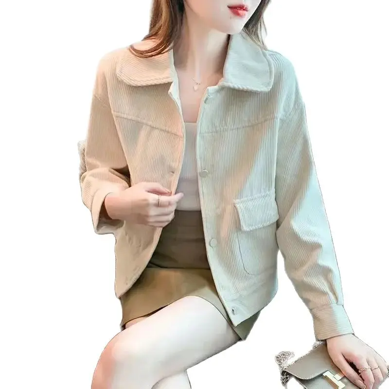 

Spring Autumn Short Corduroy Jacket Women 2024 New Loose Lapel Pure Colour Coat Fashion Single-Breasted Top Outerwear Female