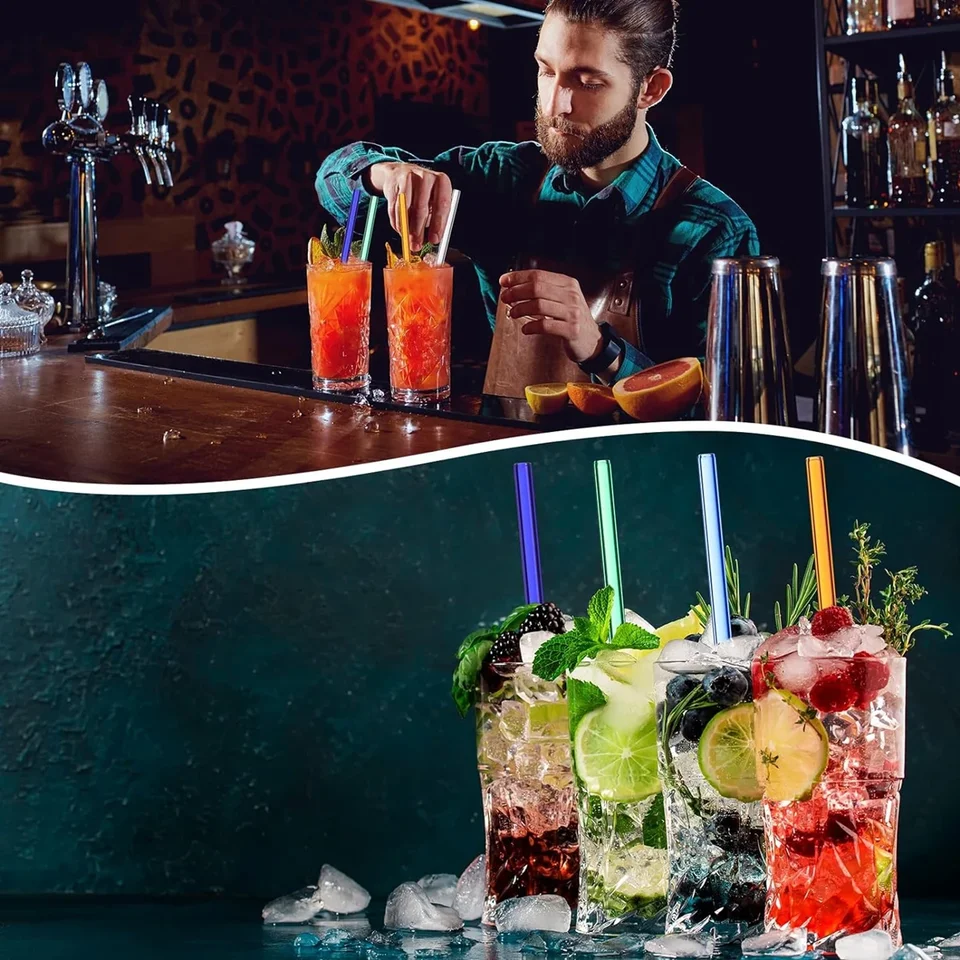 Cannucce In Vetro Piegate Riutilizzabili Con Fiocchi Colorati - Set Da 4 + Spazzola, Per Cocktail, Frullati E Caffè - 2