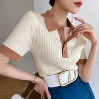 Summer Women's T-shirt Slim Knitted Polo Shirts Short Sleeved Tees Tops Lady's Fashion Skinny Casual Camisas for Women 2025