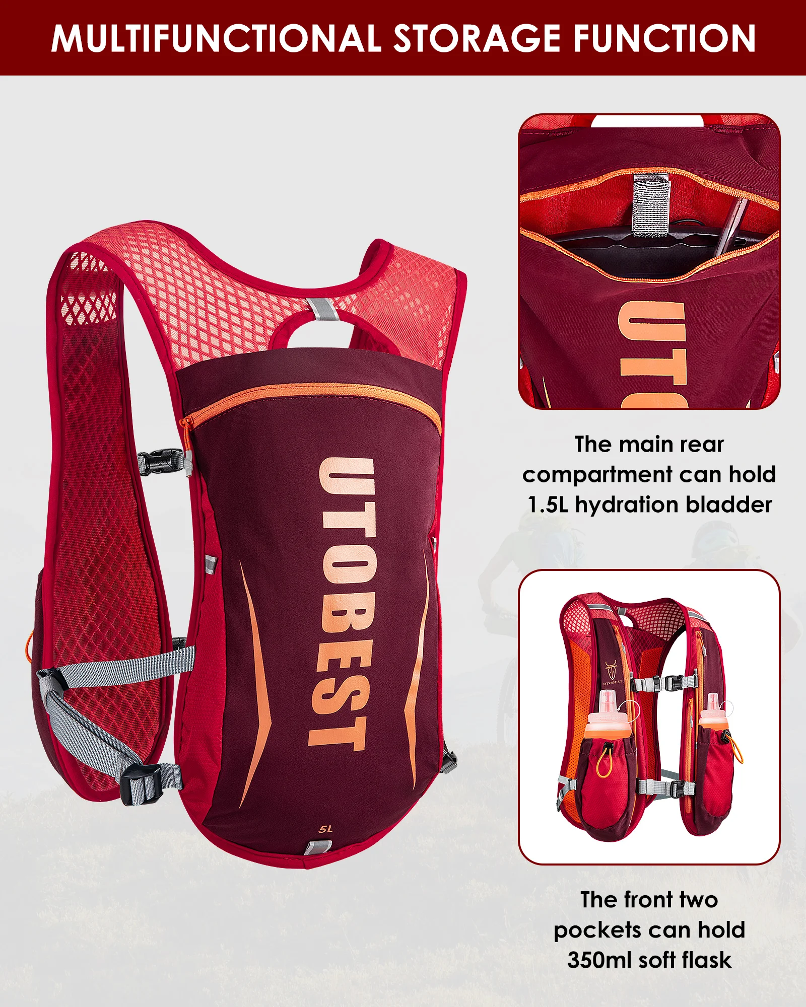 UTOBEST Trail Running Backpack 5L Ultra Lightweight Hydration Vest Breathable Functional Pack for Marathon Cycling Hiking 5