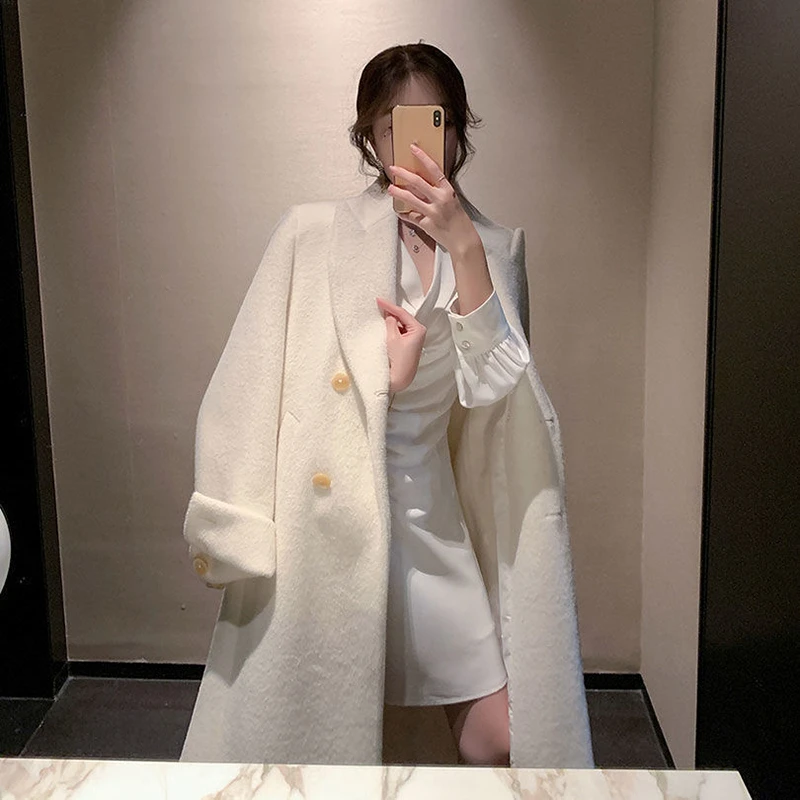 

Korean Version New Plus Size Woolen Coat Winter Lace Up White Elegant Long Wool Coat Women's Belt Strap Coat Jacket