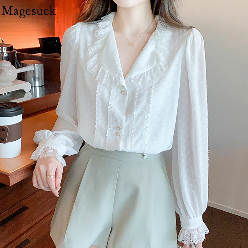 

Elegant Puff Long Sleeve Turn Down Collar Lace Blouse Casual New Clothes French Delicate Romantic White Shirt Fashion Tops 18931