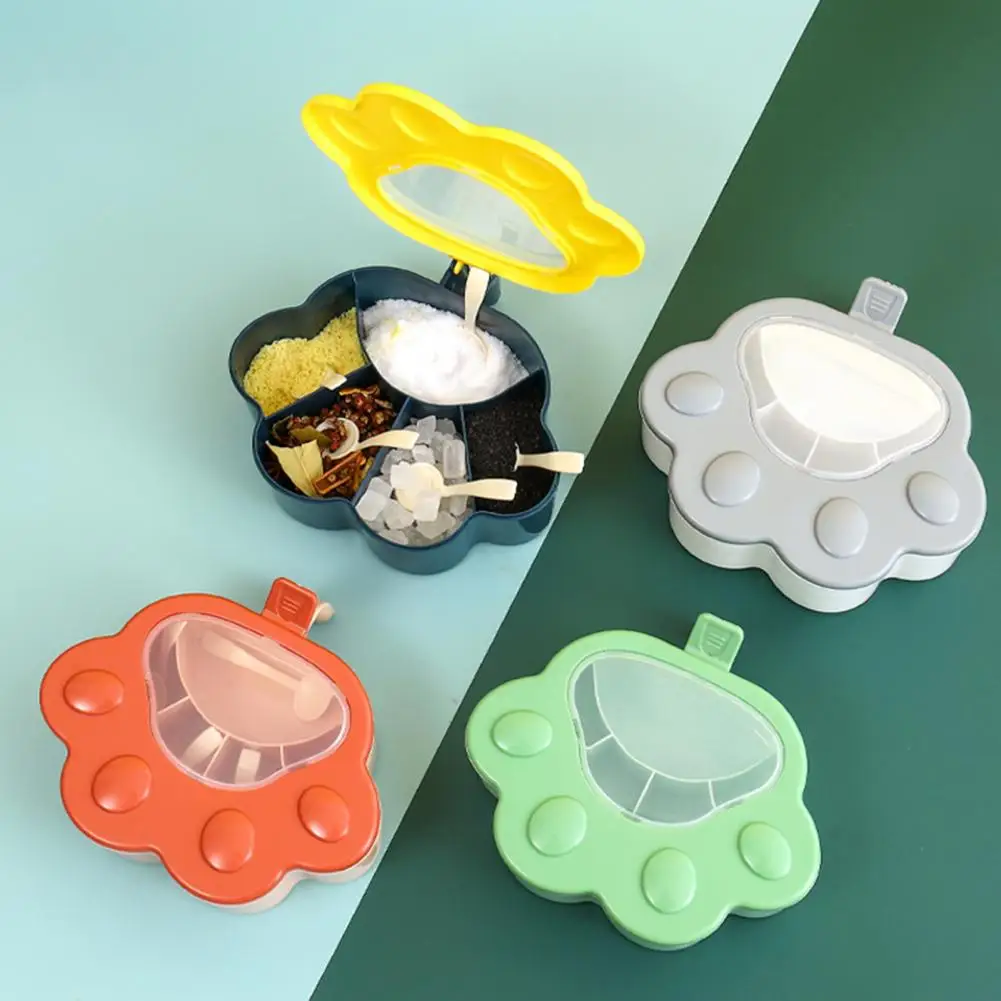 Condiment Dispenser Seasoning Box Large Capacity Classify Storing Plastic Cat Paw Shape 5 Grids Kitchen Gadget 1 Set seasoning jar