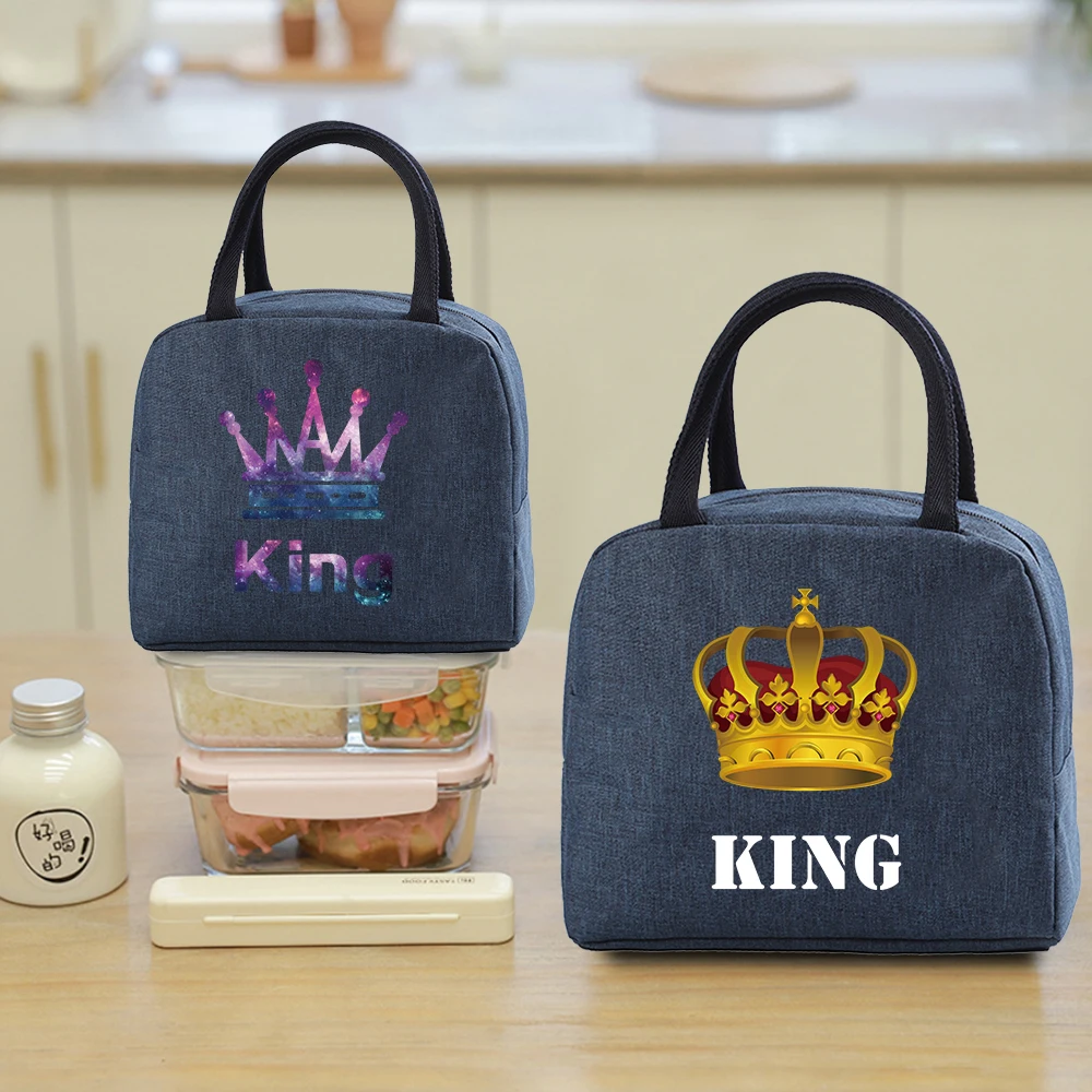 

Portable Lunch Bag for Women Insulated Canvas Cooler Bag Thermal Kids Food Tote for Work Picnic Lunch Bags Girl King Pattern