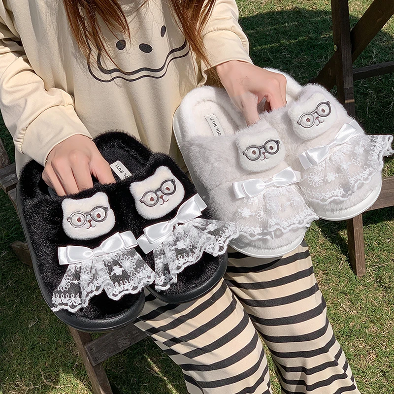Fashion Lace Bowknot Fur Slippers Women Cartoon Bear Cute Women's Home Slippers Soft Sole Light Plush Living Room Shoes Woman