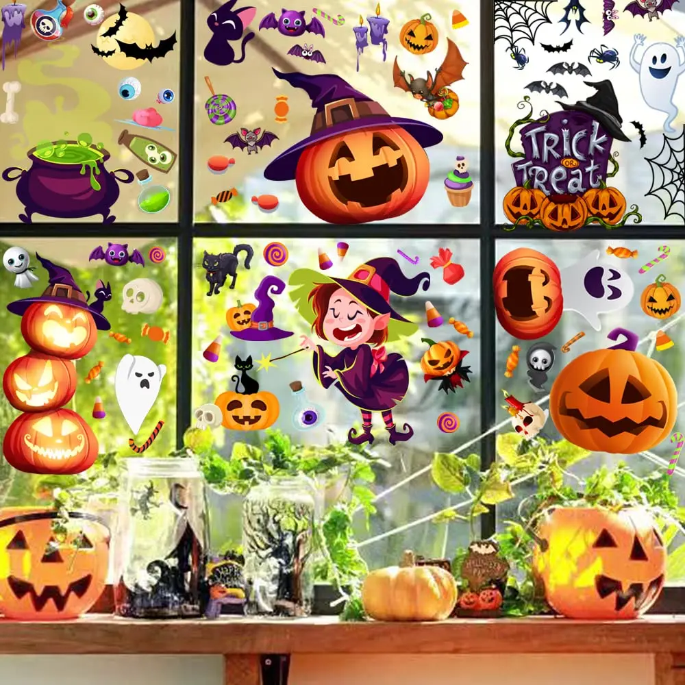Halloween Window Clings Cute Pumpkin Human Skull Glass Decals For Kids Happy Halloween Party Decorations Window Stickers