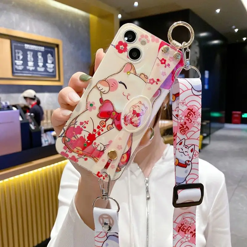 Rhinestone Powder Lucky Cat Wrist Belt Crossbody Case for iPhone 14 Plus 14 Pro 13 Promax 12 11 Xsmax Xr Xs Cute Girl Case