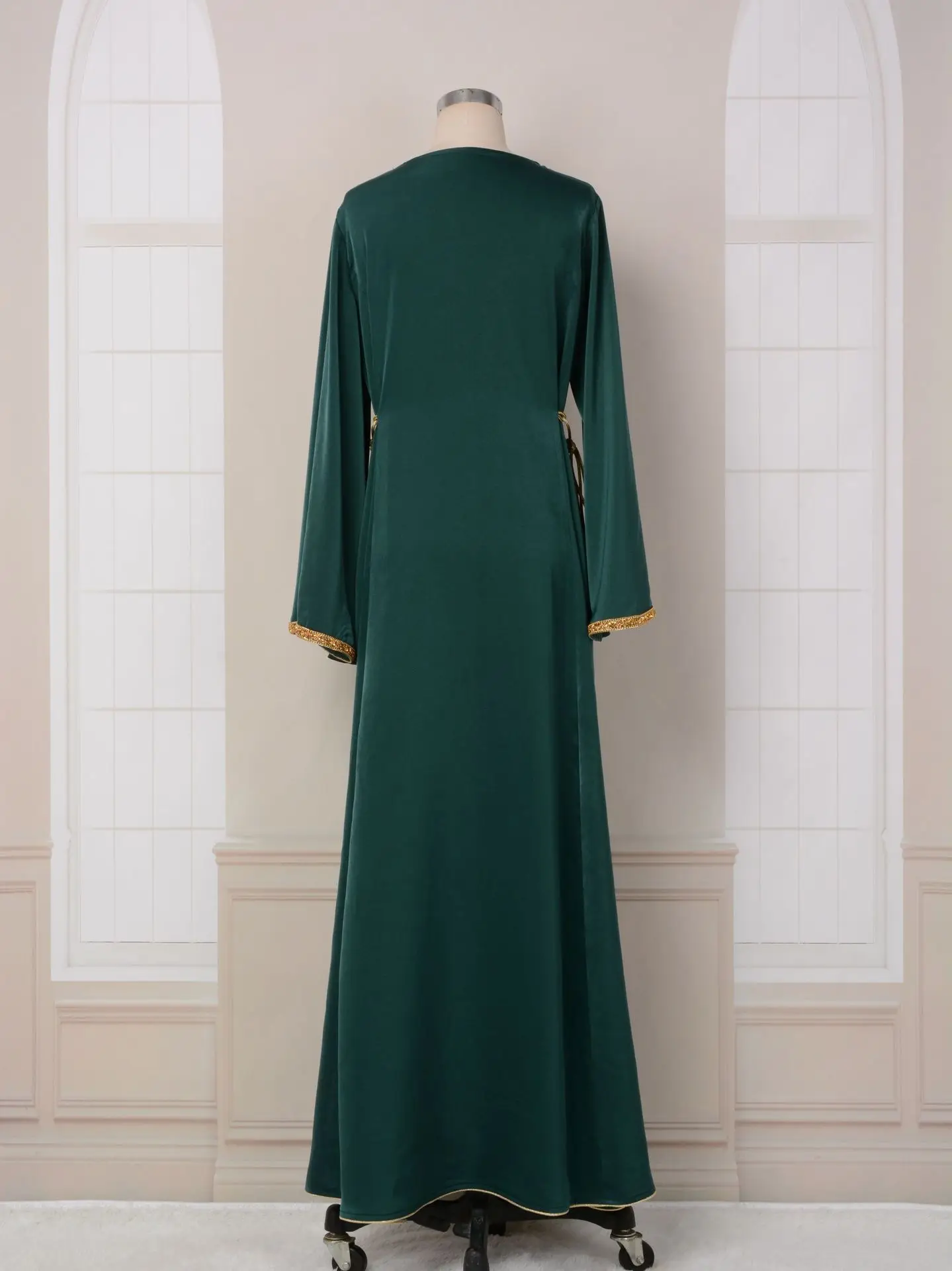Moroccan Abaya Basic Chic Solid Long Dress Diamonds Full Sleeve V-Neck Sashes Muslim Casual Elegant Evening Dress Women Clothing
