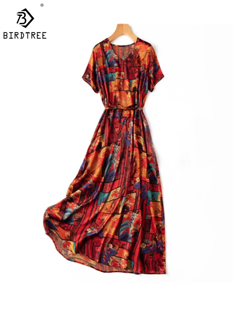 

Birdtree 20Mm New 92% Real Silk 8% Spandex Dress Illustration Jacquard Print V Necks Sash Loose Short Sleeves Long Dress D34817C