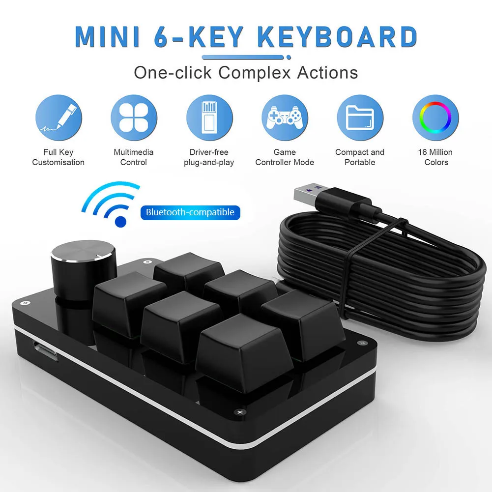 thumbnail image 2 of One Handed Mechanical Keyboard Multifunction 6 Key Mini Gaming Keypad Shortcut Programmable Keyboard With Knob(Matte Black Glossy Black 2 of 11