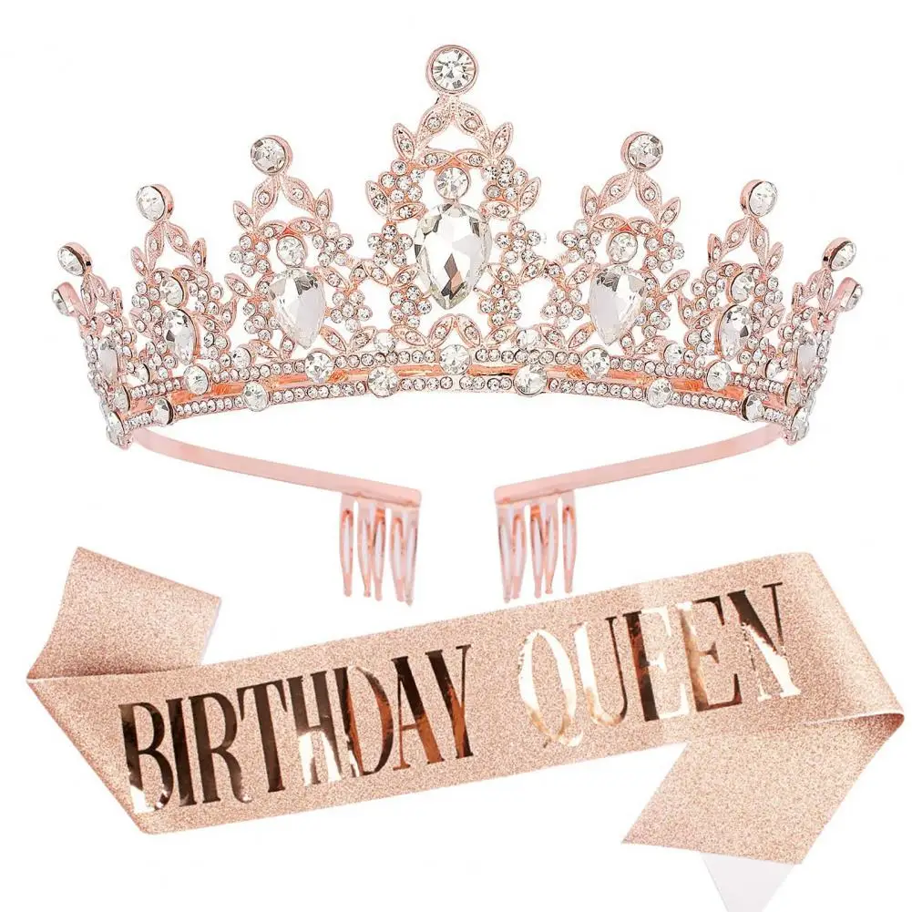 

Prom Queen Crown Birthday Party Etiquette Accessories Queen Crown Inlay Belt Set Long Ribbon Shoulder Strap Crown