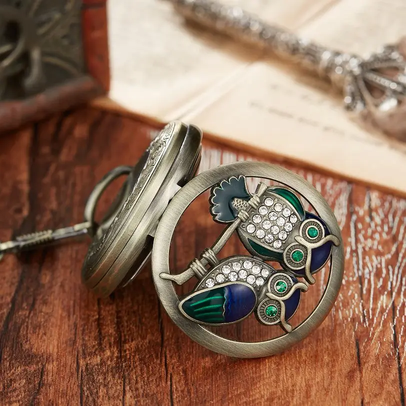 Green Owl Luxury Rhinestone Skeleton Mechanical Pocket Watch with FOB Chain Steel Metal Clock Hand Winding Doctor Pendant Watch