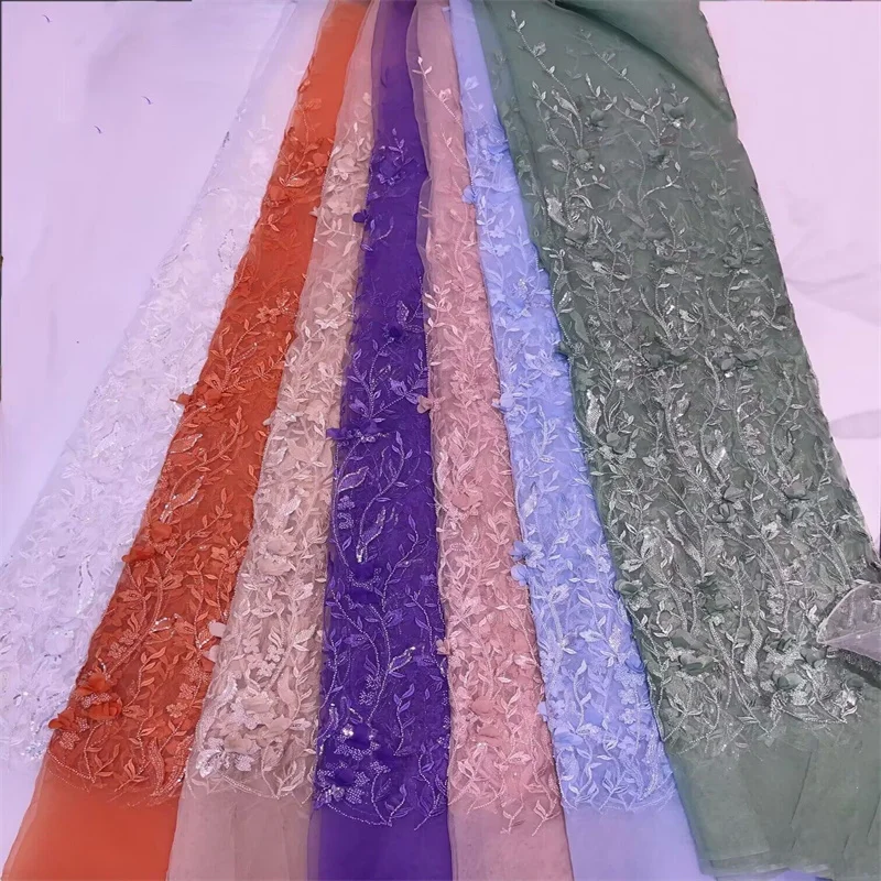 

Latest Embroidery 3D Flower African Lace Fabric 5 Yards High Quality Nigerian Women Wedding Asoebi French Tulle Lace Material