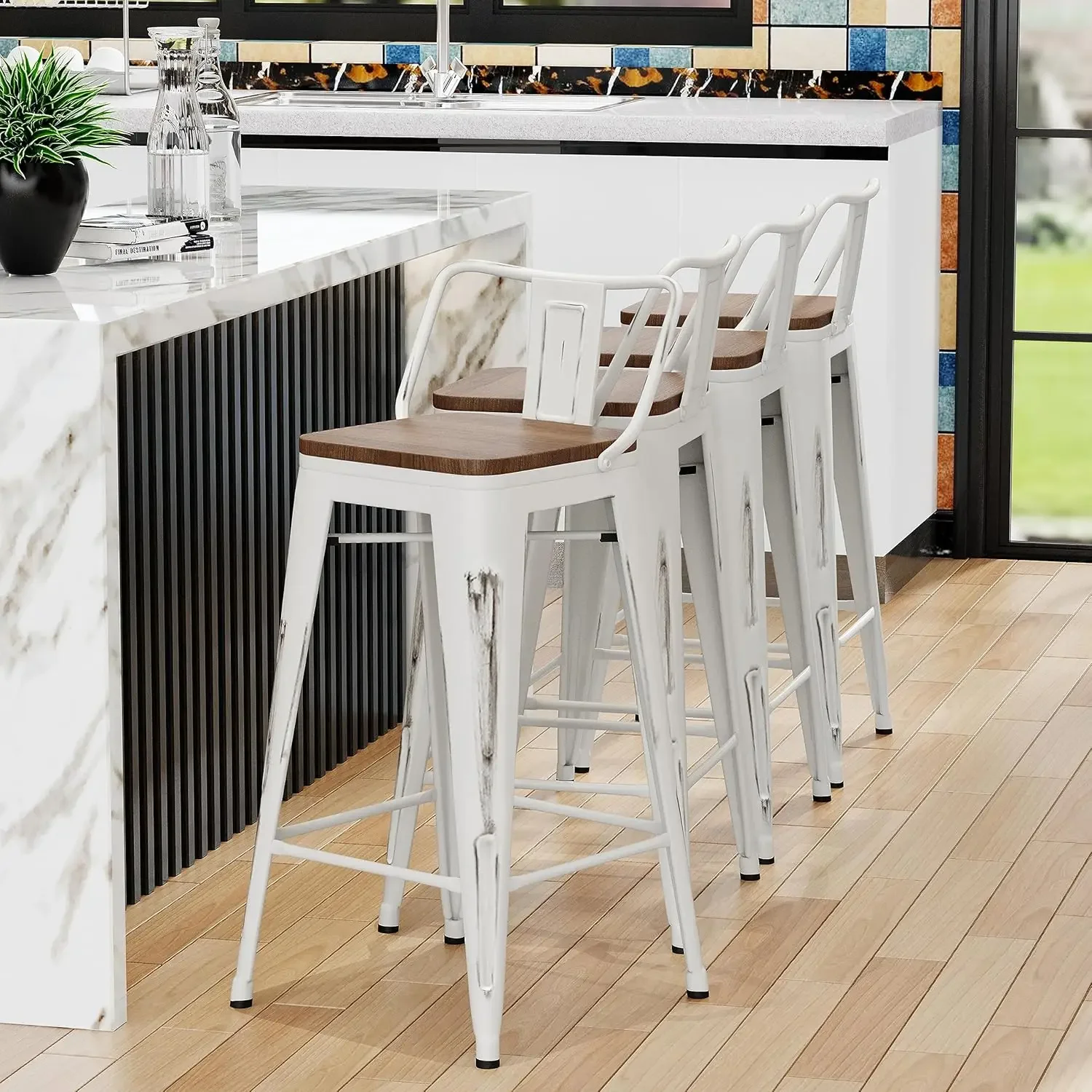 24" Metal Bar Stools Set of 4 Counter Height Barstools Industrial Counter Stool Kitchen Bar Chairs with Modern Wooden Seat
