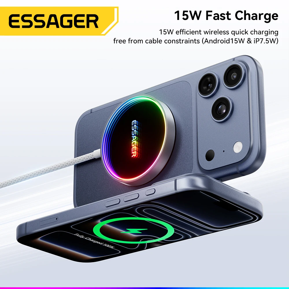 ESSAGER 15W Magnetic Wireless Charger RGB Fast Charging Phone Charger for iPhone 16 15 14 13 Pro for Macsafe Phone Charging Dock