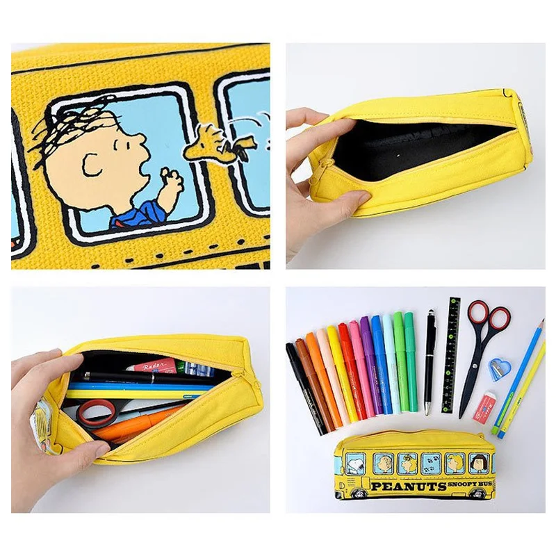 Cartoon Snoopy Bus Pencil Bag Canvas Large Capacity Car Zipper Pen Pencilcase for Student Stationery School Supplies kids gift 5