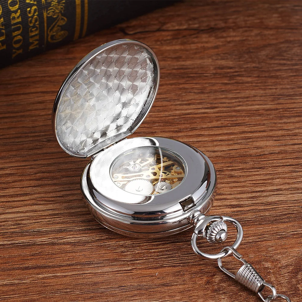 Luxury Sliver Mechanical Pocket Watch for Men Women Smooth Case Roman Numerals Dial Man Fob Chain Pendant Clock for Collection