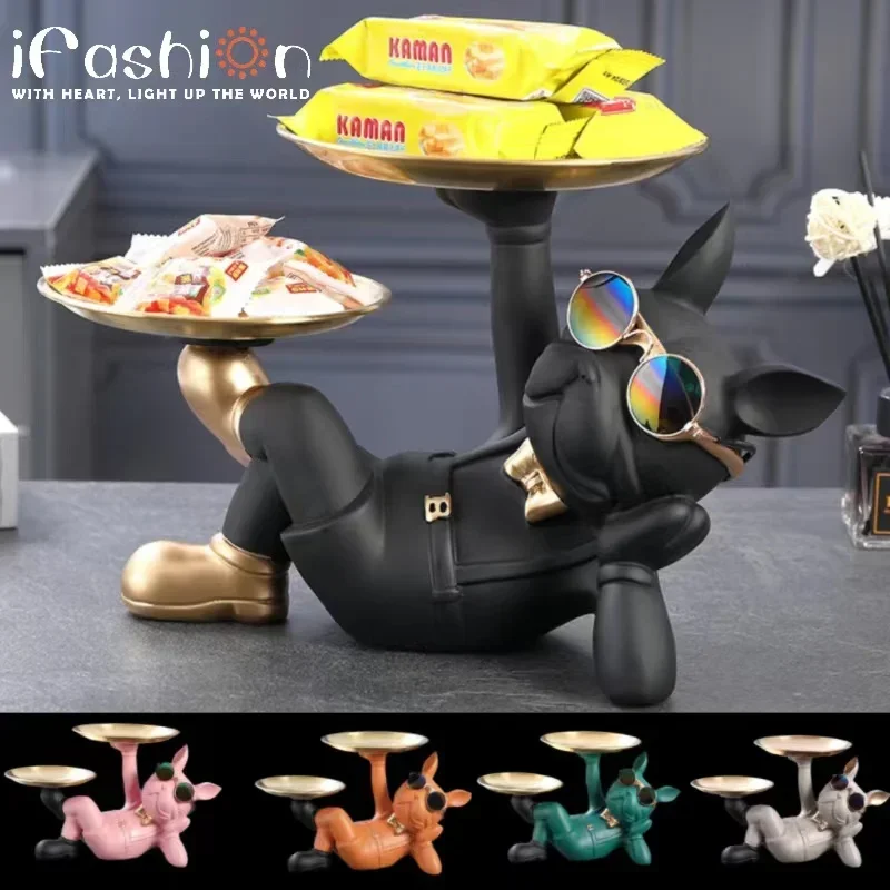 

Держатель для ключей в виде бульдога, двойной поднос для домашнего декора, для прихожей, стола, для хранения ключей, конфет, ювелирных изделий, креативные подарки с орнаментом из смолы