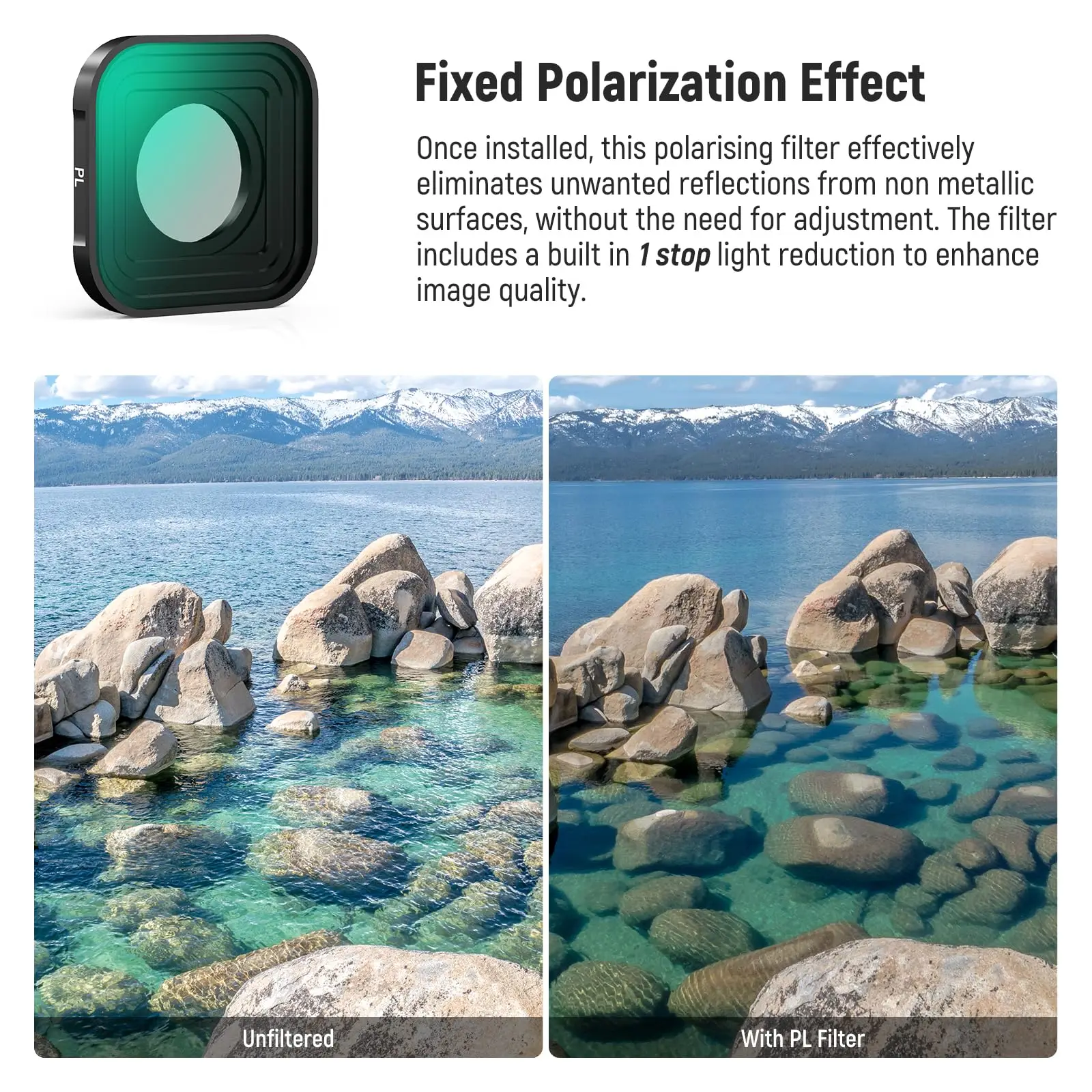 Filtre CPL monté sur GoPro Hero 13, réduisant les reflets pour un contrôle d'exposition précis en extérieur.