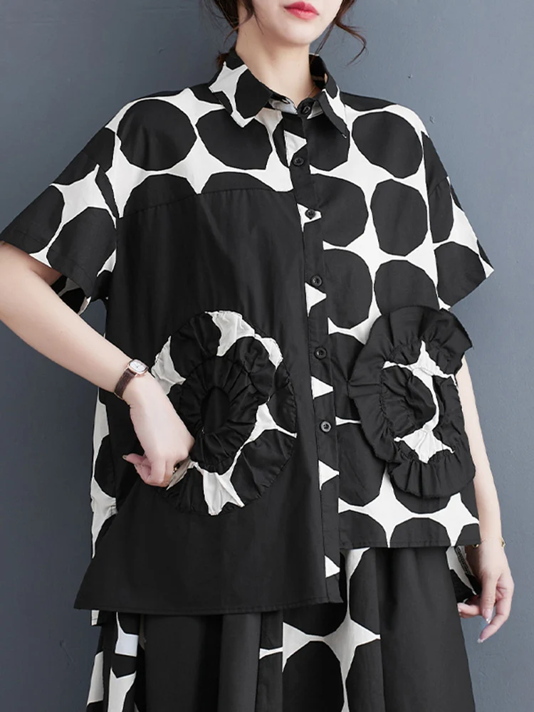 Irregular Polka Dot Print Spliced Vintage Shirt Women Short Sleeve Loose Casual Blouse Top Fashion Clothing New Summer 2025