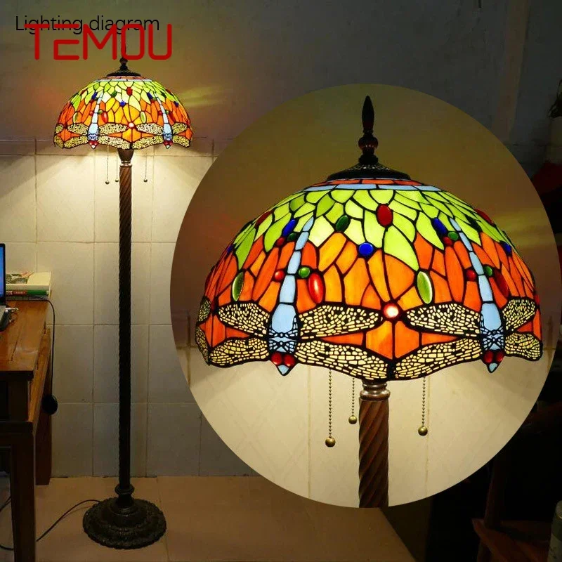 

TEMOU Tiffany Floor Lamp American Retro Living Room Bedroom Lamp Country Stained Glass Floor Lamp