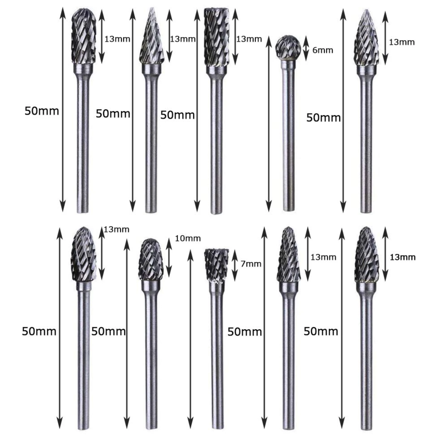 High Quality Carbide Material 10 Pcs Double Cut Rotary Burr Set for Metal Carving, Polishing, Engraving, and Drilling-1/8" Sha