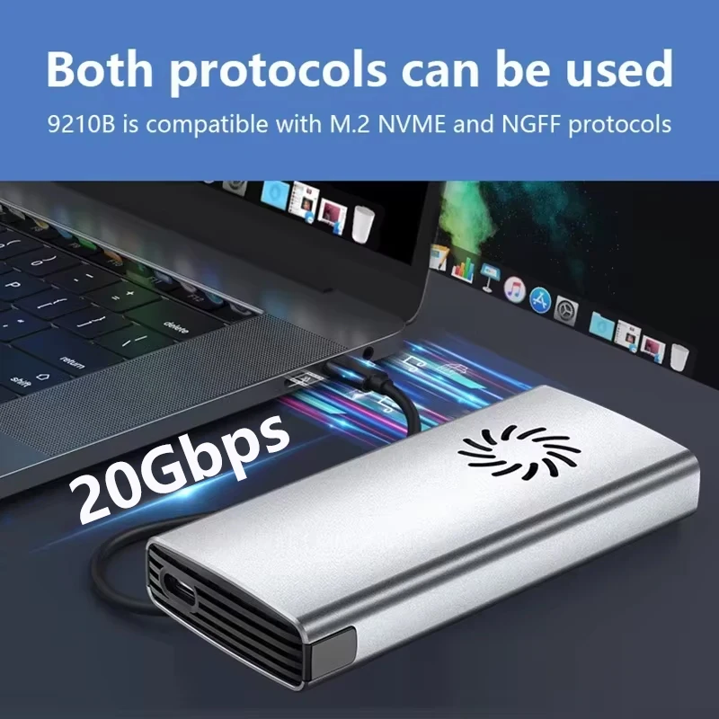 20Gbps SSD M2 NVME SATA Enclosure USBC 3.1 Dual Protocol M.2 External Hard Drive Case With Cooling Fan Support M Key/B+M Key